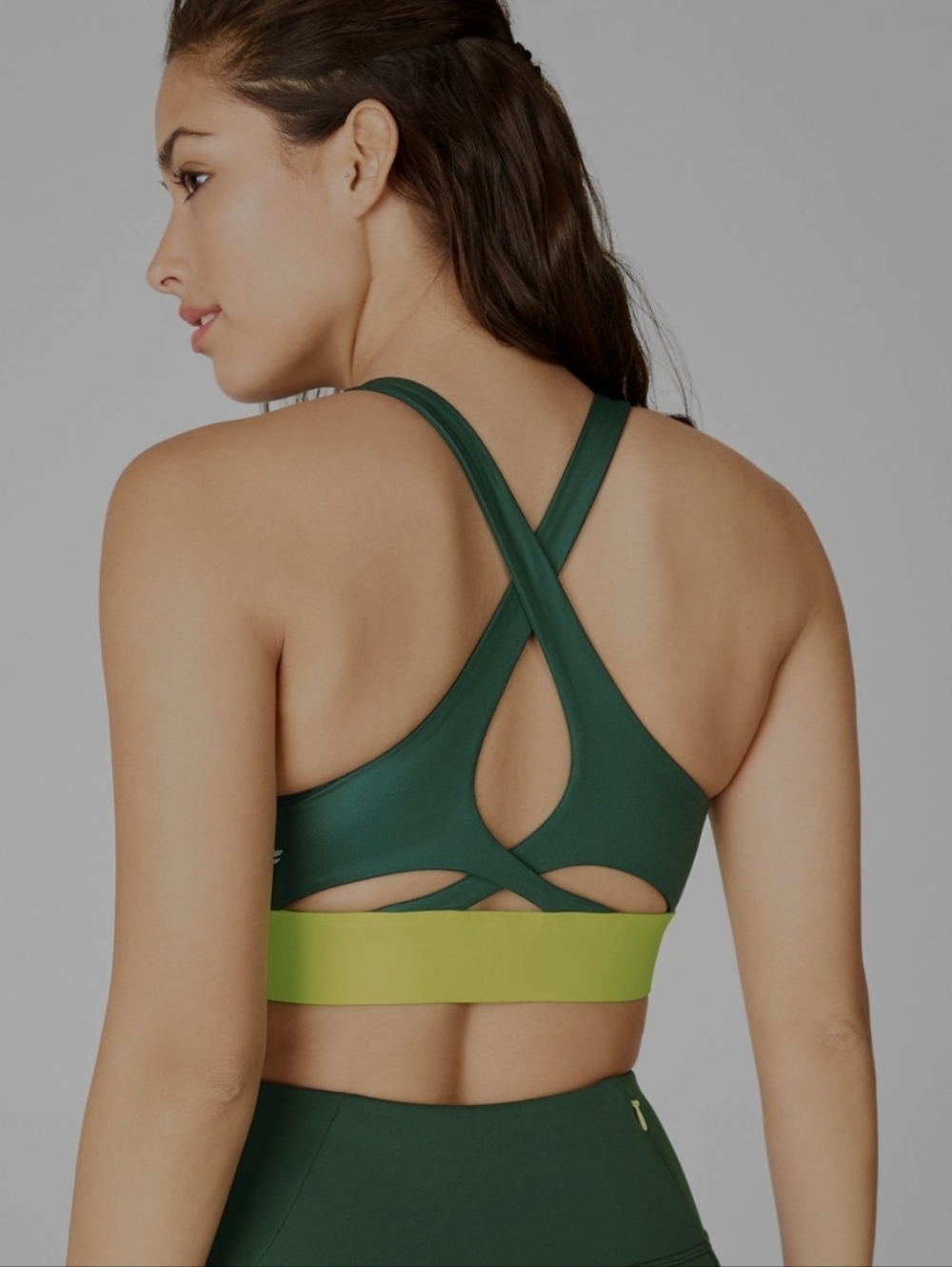 Fabletics Forest Green Sports Bra with Chartreuse Band